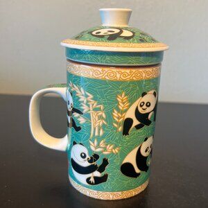 Chinese Giant Panda Bears with Bamboo Ceramic Cup Mug, Lid and Tea Infuser
